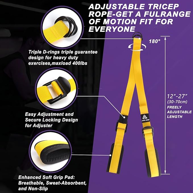Tricep Rope Cable Attachment Adustable Length (24-54 Inch) ,Ideal Alternative for 27 36 48 Inch