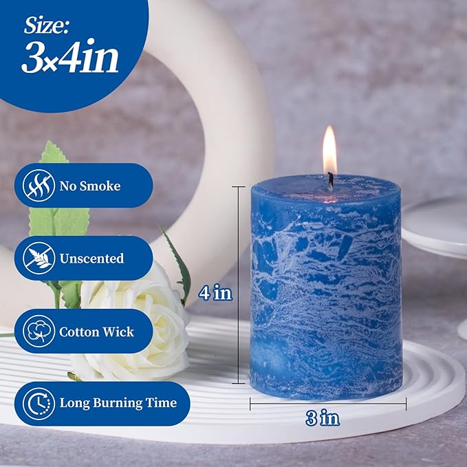 KONNI Blue Pillar Candles Set of 3, 3"x 4" Unscented Pillar Candles Bulk, 39 Hours Long Burning