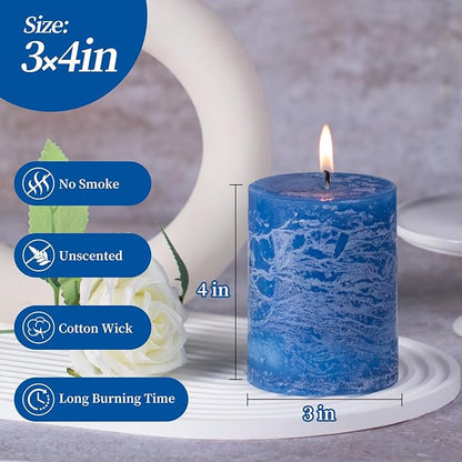 KONNI Blue Pillar Candles Set of 3, 3"x 4" Unscented Pillar Candles Bulk, 39 Hours Long Burning