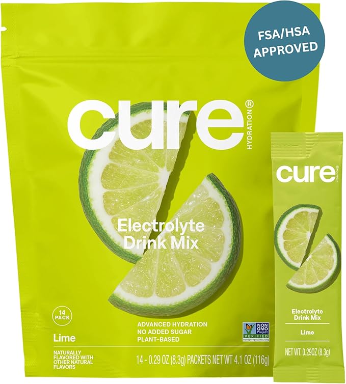 Cure Hydration | Plant-Based Electrolyte Drink Mix | No Added Sugar | FSA-HSA | Dehydration Relief