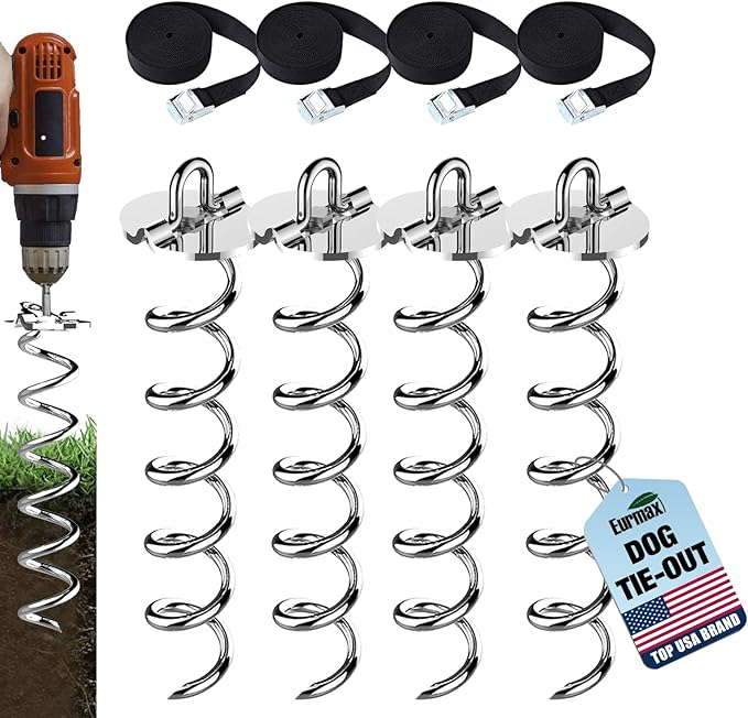 Eurmax USA 4-Pc Pack Spiral Stakes Heavy Duty Anchor Kit Ice Screw Anchor for Trampoline, Tents