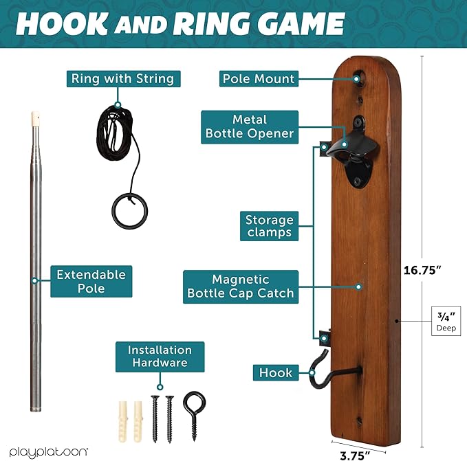 Play Platoon Hook and Ring Toss Bar Game for Adults - Wood Toss Ring Game for Adults - Perfect