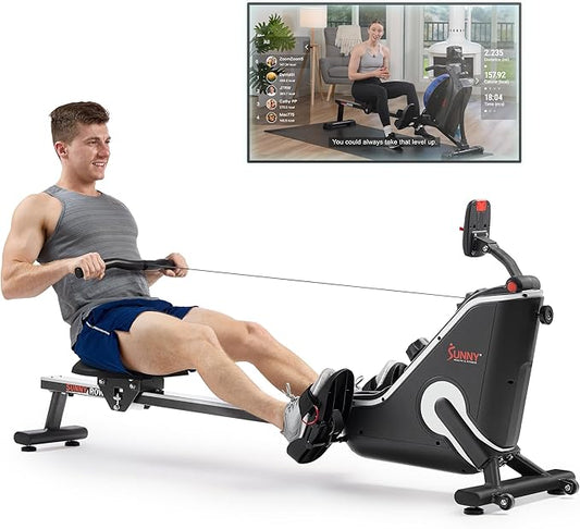 Sunny Health & Fitness Flip & Foldable Rowing Machine for Home w/Extended Slide Rail, Full-Body