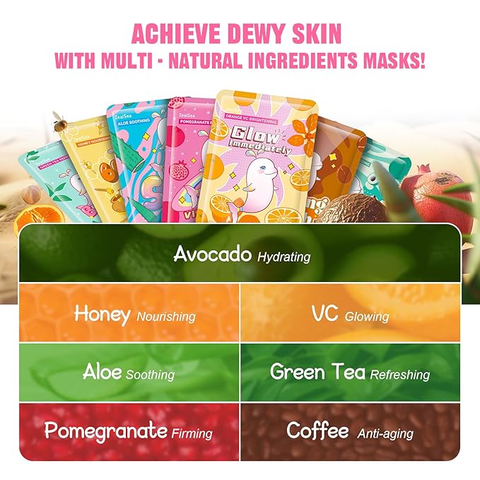 ZealSea Face Masks Skincare, Facial Masks for Women Skin Care, Sheet Masks Beauty with Natural
