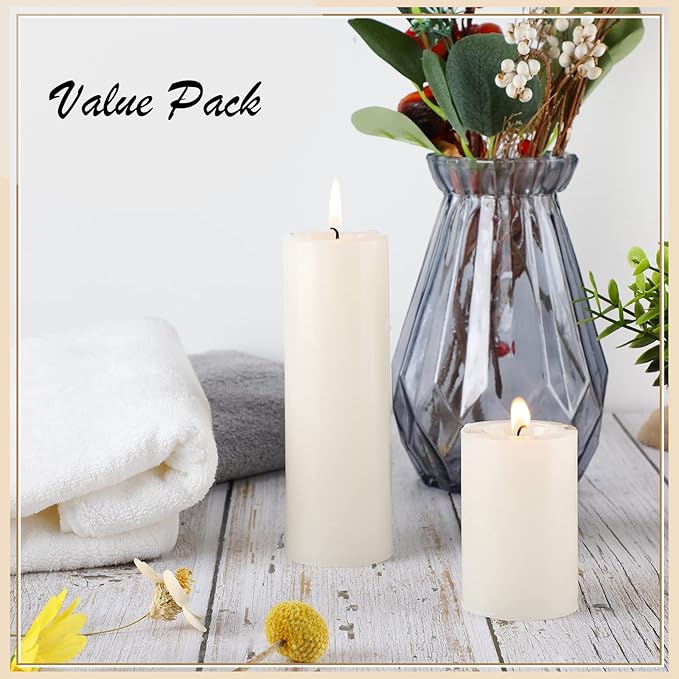 Nuogo 12 pcs Ivory Pillar Candles Dripless Unscented Candles Paraffin Wax Tall Tapers for Wedding