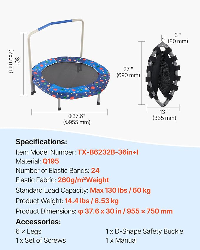 VEVOR 3FT Trampoline 36" Indoor/Outdoor for Toddlers, Foldable Mini Baby With Foam Handle