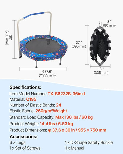 VEVOR 3FT Trampoline 36" Indoor/Outdoor for Toddlers, Foldable Mini Baby With Foam Handle