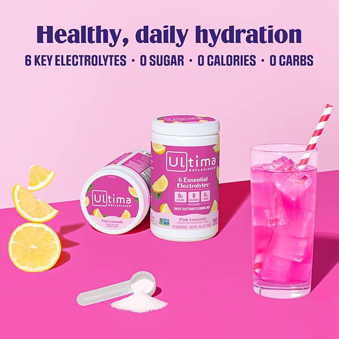 Ultima Replenisher Daily Electrolyte Powder Drink Mix – Sugar Free – Pink Lemonade, 90 Serving