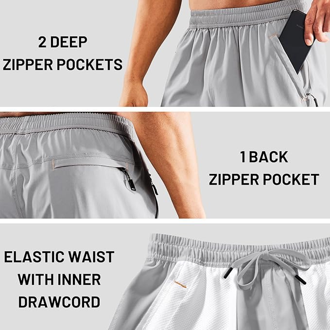 MIER Men's Quick Dry Running Shorts with Zipper Pocket, Elastic Waist Athletic Workout Exercise