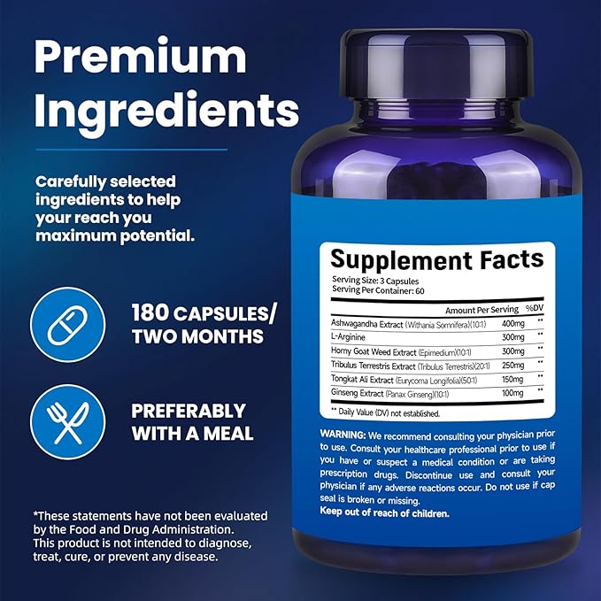 Testosterone Booster for Men with Ashwagandha, L-Arginine, Tongkat Ali, Tribulus, Natural
