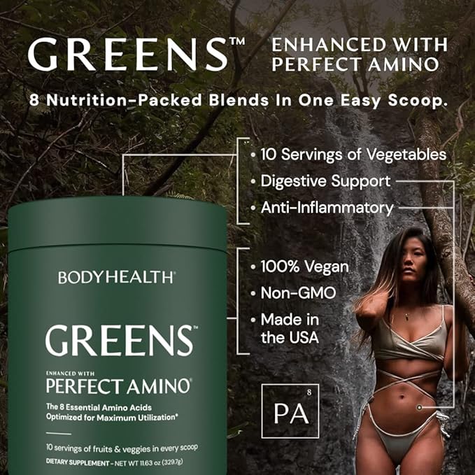 BodyHealth Greens Enhanced with PerfectAmino - Daily Superfood Green Apple Smoothie Powder with