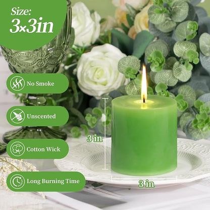 KONNI Green Pillar Candles Set of 3, 3"x 3" Unscented Pillar Candles Bulk, 30 Hours Long Burning