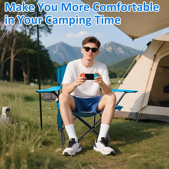 Folding Camping Chair, 225lb Capacity, Includes Cup Holder & Side Storage Bag, 5.5lbs Portable for