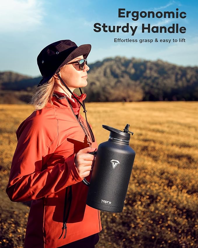 Half Gallon Water Bottle with Straw and Lid, 64 oz Insulated Stainless Steel Jug with