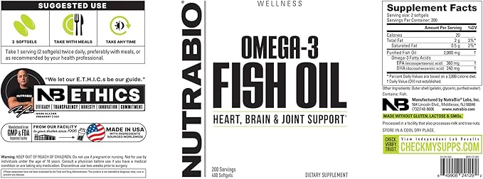 NutraBio Omega 3 Fish Oil Supplements, 2,000mg, 400 Softgels - EPA DHA Omega 3 Fatty Acid