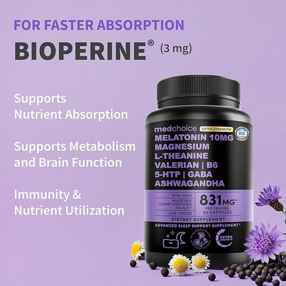 12-in-1 Melatonin Sleep Capsules - 10mg Melatonin Extra Strength with Magnesium and Balanced Blend