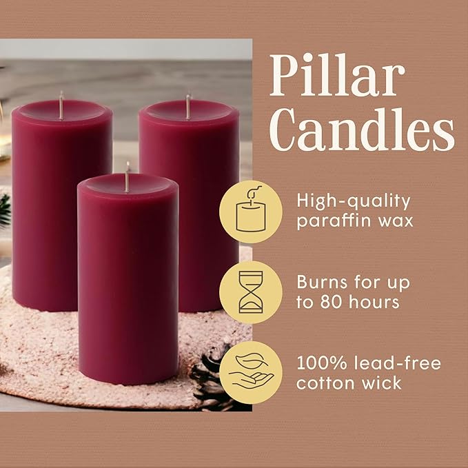 Mister Candle Dripless Unscented Pillar Candles, Set of 3 Hand Poured Burgundy Pillar Candles