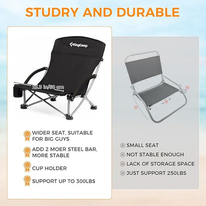 KingCamp Low Beach Chairs, Portable Folding Chair for Adults Extra Wide Ergonomic High Back Seat