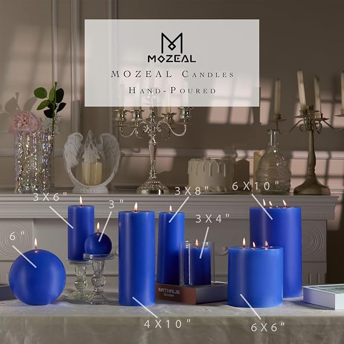 MOZEAL 4" x 12" Extra-Large Blue Pillar Candles (Set of 2), Unscented,Dripless, Smokeless,Long