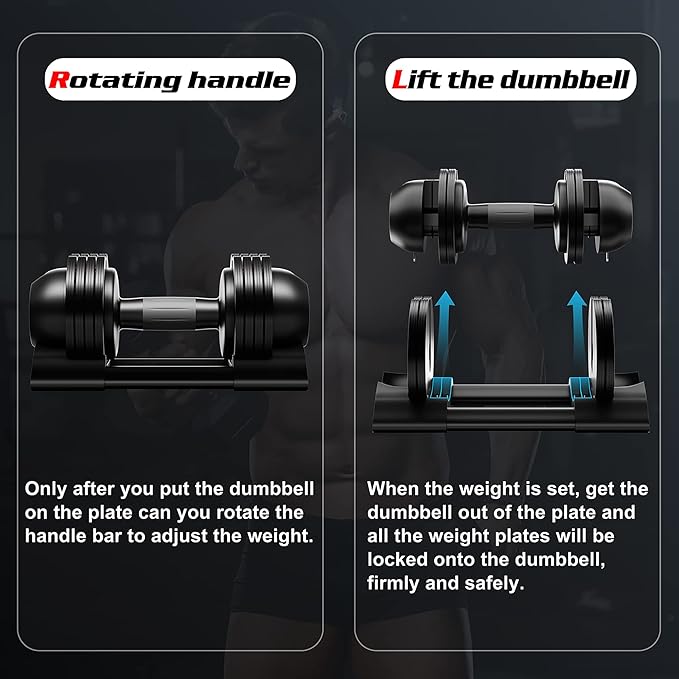 Adjustable Dumbbell,22LBS 44LBS 52LBS Dumbbell Set with Tray for Fitness, Fast Adjust Weight by