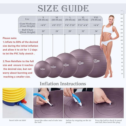 Soft Exercise ball, Anti-Burst Yoga Ball Chair Supports 2200lbs, Workout Equipment w/ Pump for