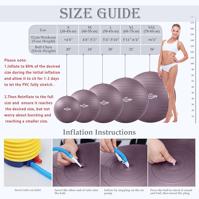 Soft Exercise ball, Anti-Burst Yoga Ball Chair Supports 2200lbs, Workout Equipment w/ Pump for