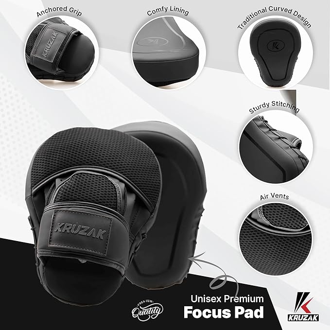 Kruzak Matte Black Boxing Gloves and Pads, Boxing Gloves Training Set for Kickboxing and Muay Thai