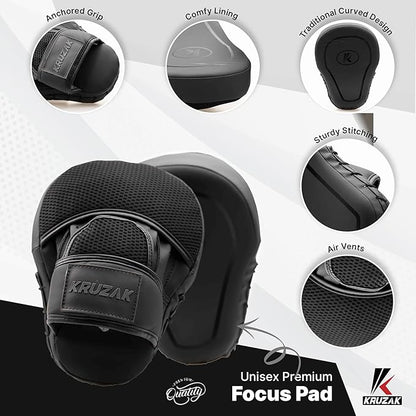 Kruzak Matte Black Boxing Gloves and Pads, Boxing Gloves Training Set for Kickboxing and Muay Thai