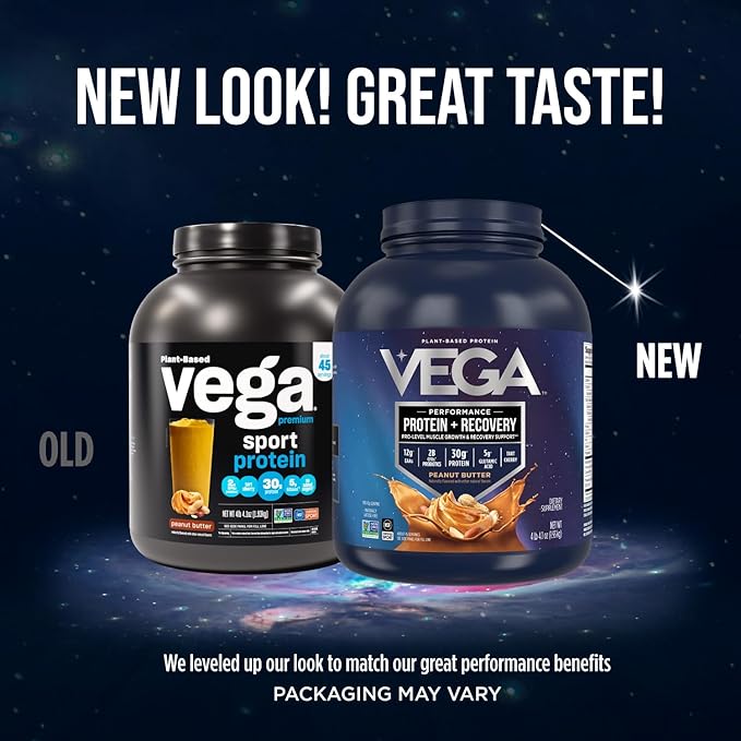 Vega Sport Vegan Protein Powder + Recovery - 30g Plant Based Protein per Serving, Peanut Butter, 45