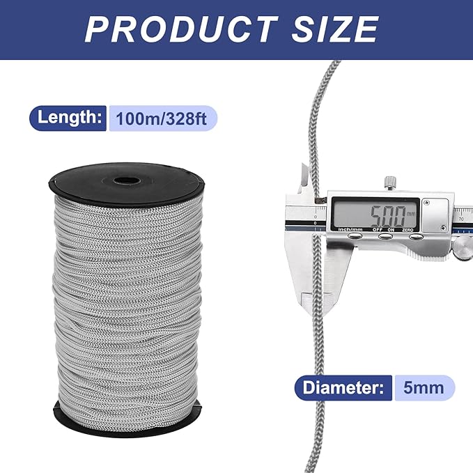 MECCANIXITY 3/16 Inch Polypropylene Rope Braided Ropes, 328ft Nylon Rope Hollow Utility Cord for