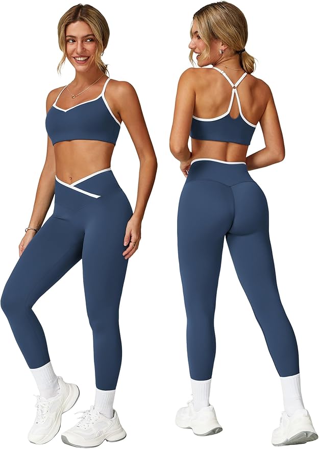 ABOCIW Workout Sets for Women 2 Piece Color Block Strappy Sports Bra High Waist Leggings Gym Yoga