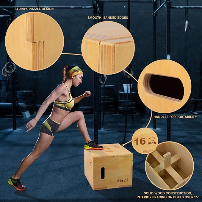 Yes4All Plyo Box, 3-in-1 Wooden Box Jumps for Home Gym (12/14/16?¯in), 450 lbs Boxes Step Up with