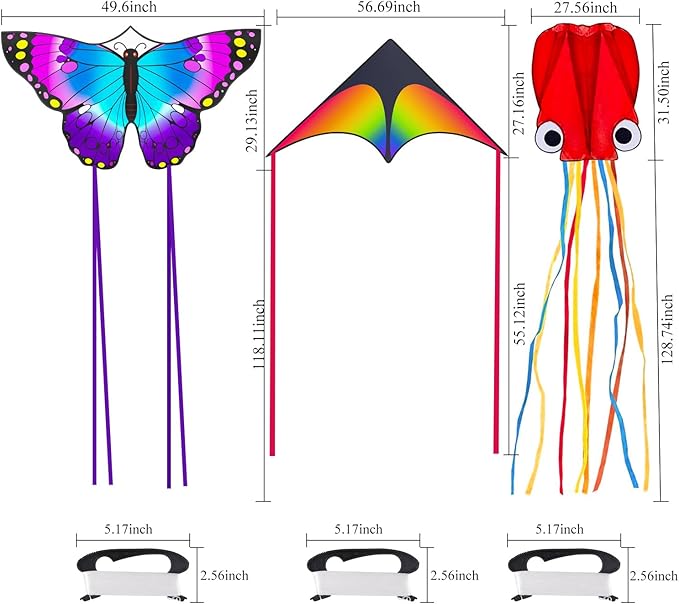 3 Pack Large Kites, Large Butterfly Kite, Colorful Delta and Red Octopus for Girls Boys Ages 4-8