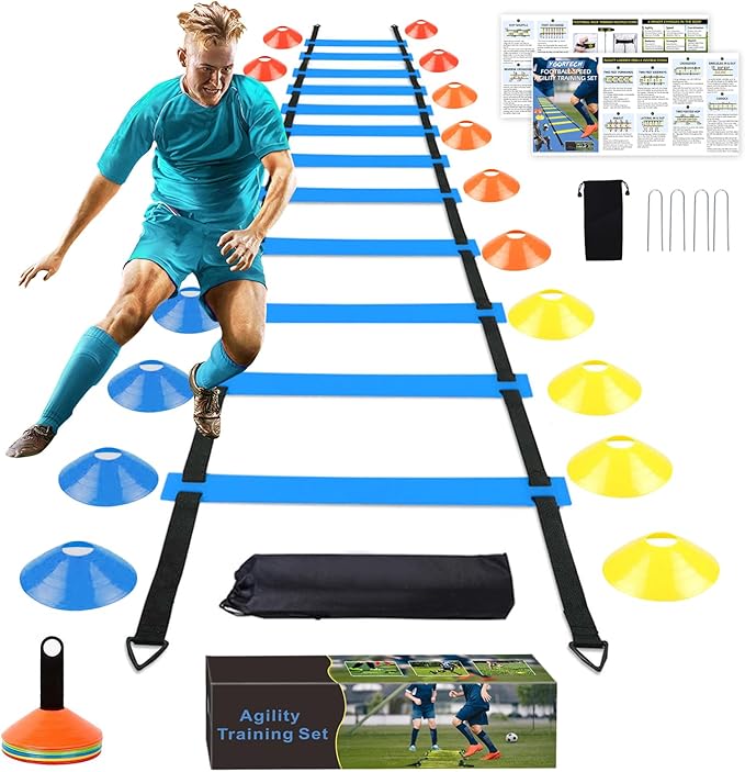Soccer Speed Agility Training Set - 20FT Agility Ladder 12/16 Sports Cones and Soccer Kick Trainer