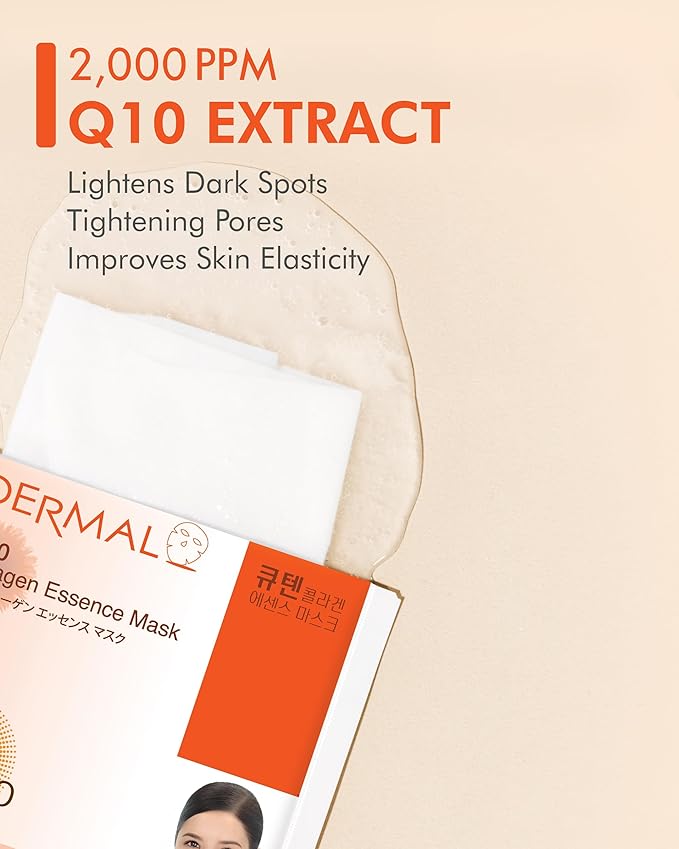DERMAL Q10 Collagen Essence Facial Mask Sheet 23g Pack of 10 - Coenzyme Q10, Anti Wrinkle and Anti