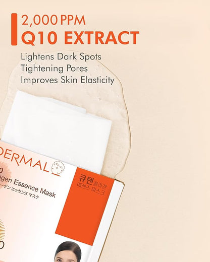DERMAL Q10 Collagen Essence Facial Mask Sheet 23g Pack of 10 - Coenzyme Q10, Anti Wrinkle and Anti