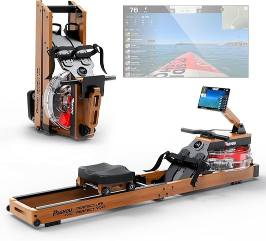 PASYOU Water Rowing Machines for Home Oak Wood Foldable Rower Machine 350LB Weight Capacity, 6