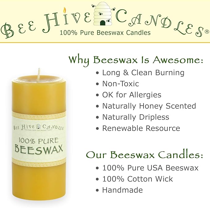 100% Pure Beeswax Pillar Candle (3" x 4") | Natural Beeswax Candles | Soy, Paraffin & Fragrance