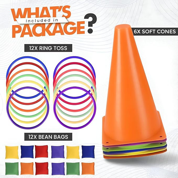 CircleCraft 31 Pcs. Plastic Cones and Rings Games Ring Toss Games for Adults, Carnival Games for