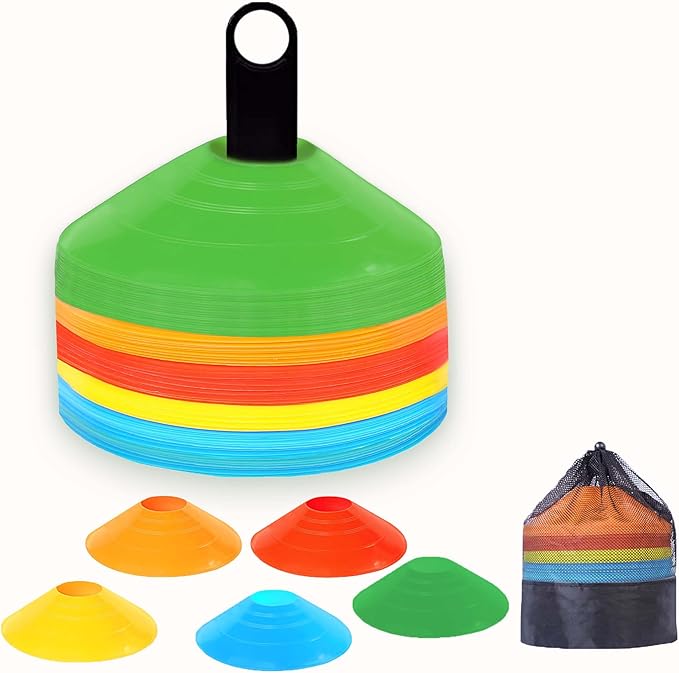 Soccer Cones 100/50/25 Pack with Carry Bag & Holder Five Colors | Agility Disc Cones Set for