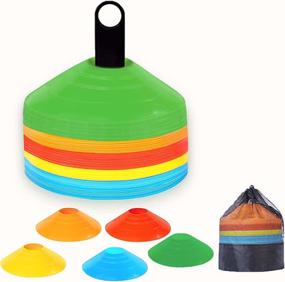 Soccer Cones 100/50/25 Pack with Carry Bag & Holder Five Colors | Agility Disc Cones Set for