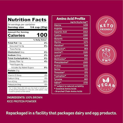 Judee's Brown Rice Protein Powder, (80% Protein) 3 lb - Non-GMO & Sprouted - Keto-Friendly, Dairy