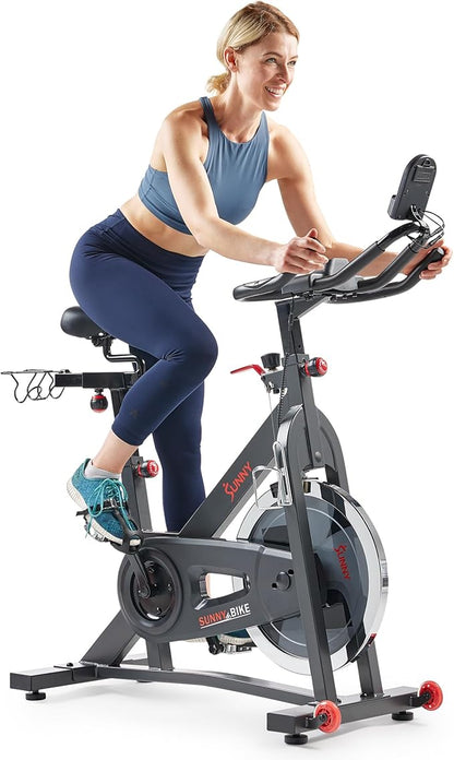 Sunny Health & Fitness Smart Pro Indoor Cycling Exercise Bike, Felt Resistance and Belt Drive, Free