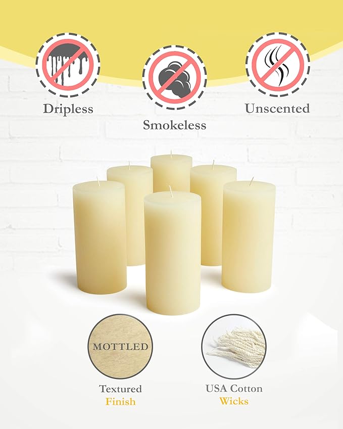 Mottled Pillar Candles by Bask - Set of 6-3" x 6" Dripless Unscented Candles in Ivory for Home