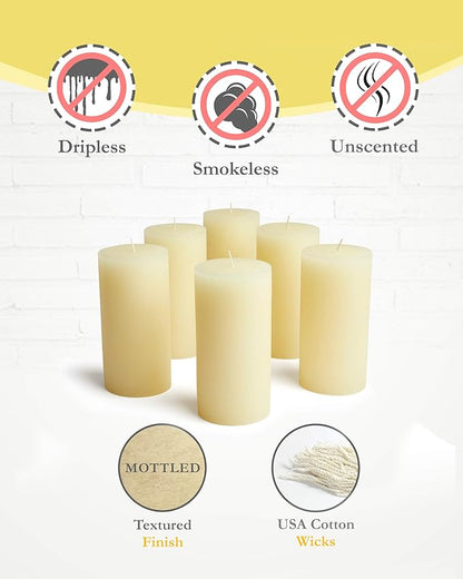Mottled Pillar Candles by Bask - Set of 6-3" x 6" Dripless Unscented Candles in Ivory for Home