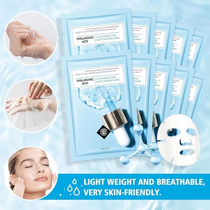 Face Sheet Mask Skincare for Women, Hyaluronic Acid Face Masks Sheets Skincare, Hydrating Sheets