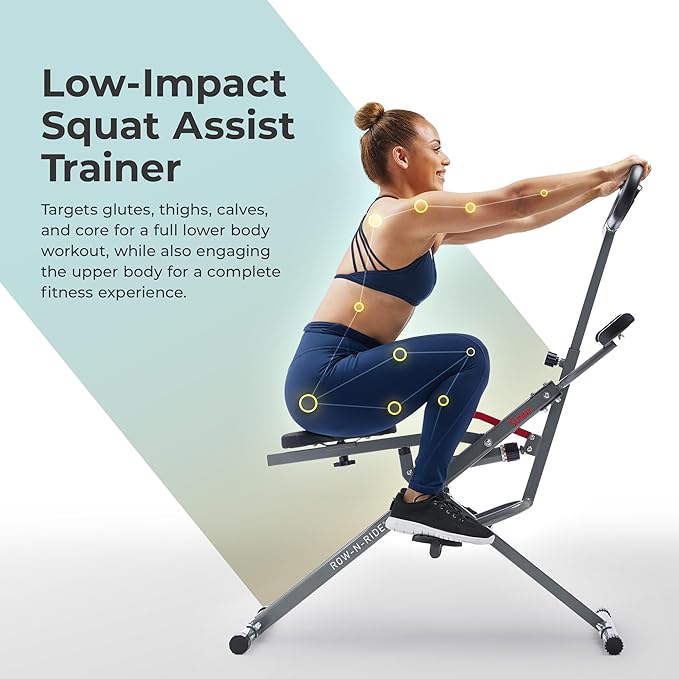 Sunny Health & Fitness Row-N-Ride PRO, Full Body Combo Squat Machine w/Optional Resistance Band
