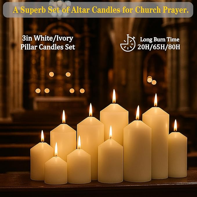 White Pillar Candles Bulk Set of 12,3 Different Lengths 3 x 3/6/8 Inch (4 Each),Hurricane