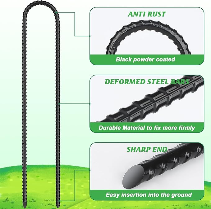Gtongoko Trampolines Wind Stakes 16 Pack 16 Inch, 0.3 Inch Thick Heavy Duty U Shaped Rebar Tent