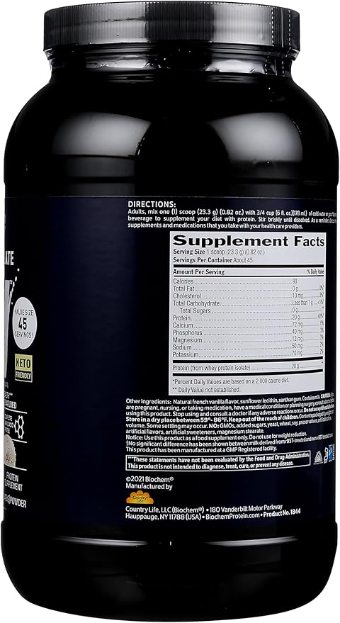 Biochem 100% Whey Isolate Protein - Natural Flavor - 20g of Protein - Pre & Post Workout - Meal